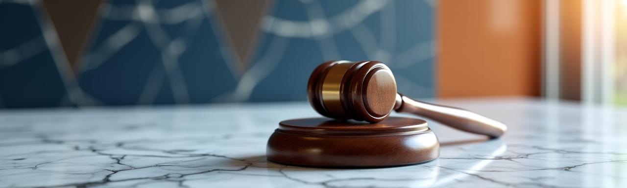 Mazo de justicia sobre una superficie de mármol con baldosas cerámicas al fondo